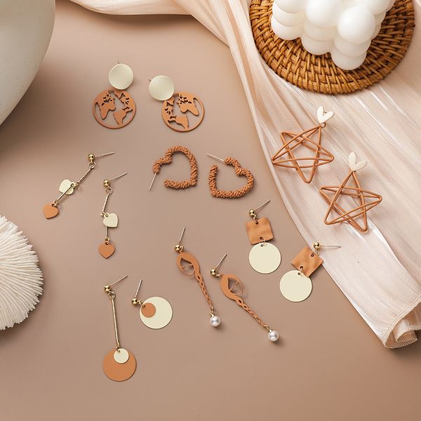 

korean earrings s925 silver needle geometric long milk tea brown contrast hollow