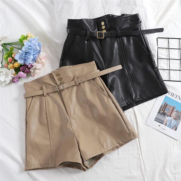 

gowyimmes 2021 autumn women pu shorts loose girl faux leather lady high waist streatwear winter bottomings 191 women's, White;black