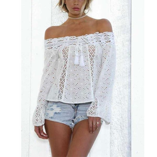 

women's jackets spring hollow out lace blouse shirt women flare sleeve floral white blouses female elegant slash neck beach shirts, Black;brown