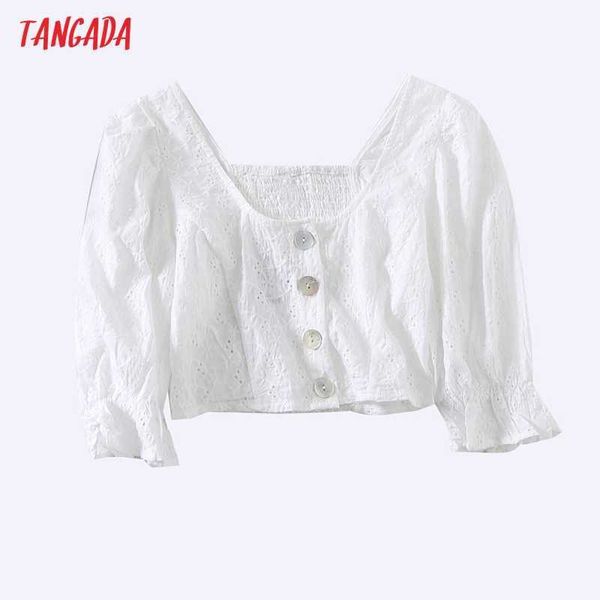 

tangada women retro embroidery romantic cotton blouse shirt puff sleeve chic female crop shirt 6h80 210609, White