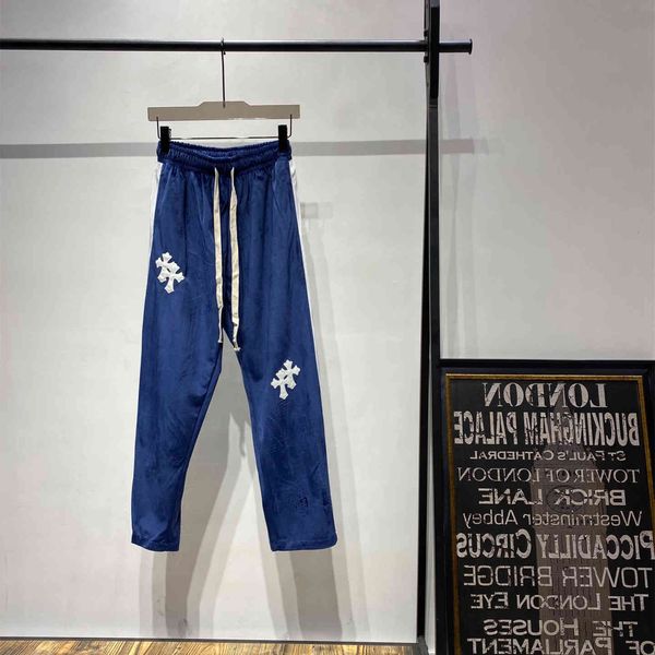 

chaopai keluo velvet pasted leather navy color matching sweatpants ch cross loose casual pants couple, Blue
