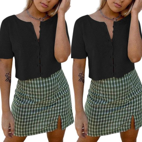 

women's t-shirt est arrival summer women korean fashion long sleeve open front button up knitting cardigan crop short, White