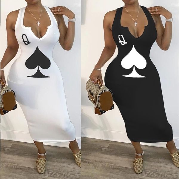 CM.YAYA Sommer Frauen Black Queen Poker Card ärmellos V-Ausschnitt Tank Bodycon Midi Mid-Calf Kleid Club Sexy Party Bleistiftkleider 210623