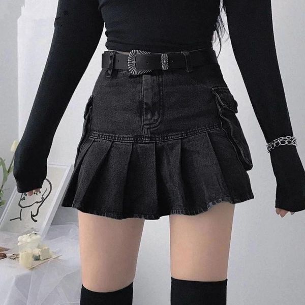 

skirts 2021 high waist mall goth y2k black denim shorts skirt punk style e-girl summer outfits jean pleated