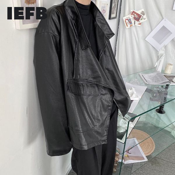 

iefb niche design placket asymmetric fashion loose pu leather black thick padded jacket for men loose oversized coat 9y4663 210524