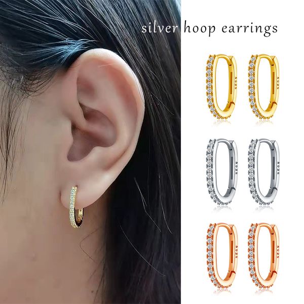 

vintage 925 sterling silver gold hoop huggie earrings for women cubic zirconia bling fine quality small earring anti-allergy fashion jewelry, Golden;silver