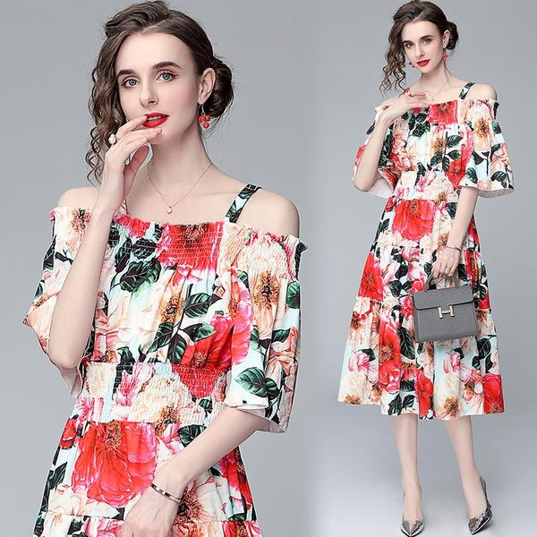 

casual dresses simgent slash neck dress women summer strap floral print beach midi long 2021 fashion clothing vestidos sg13242, Black;gray