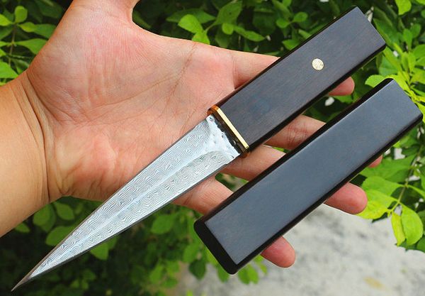 Nuovo arrivo Survival Survival Survival Straight Knife VG10 Damasco in acciaio Doppio bordo Blade Ebony Maniglia per la lame fisse Blades con guaina in legno