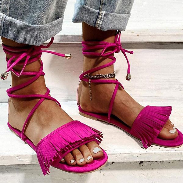 

sandals fashion woman's summer flat tassel lace up ladies shoes peep toe casual comfortable female footwear 2021, Black
