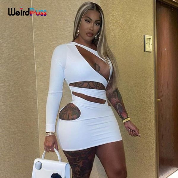 

casual dresses weird puss irregular hole one shoulder women skinny solid white long sleeve bodycon party birthday clubwear outfits, Black;gray