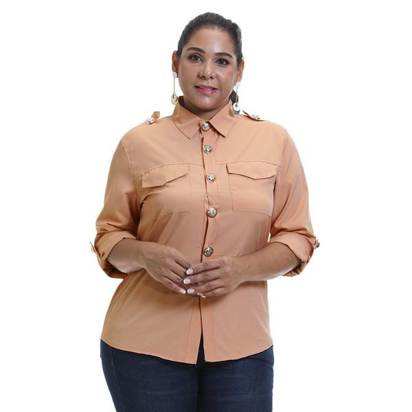 

plus size t-shirt formal turn-down collar blouse long sleeve shirt office ladies casual solid single-breasted womens pocket blouses, Black
