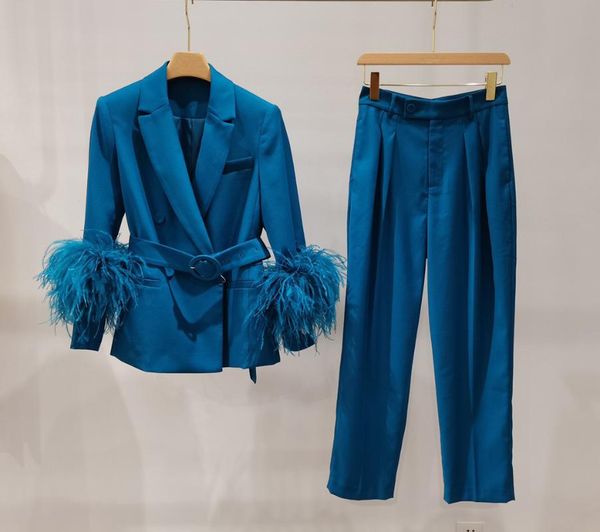 

women's two piece pants 2021 luxury design women fashion double breasted with belt detachable ostrich feather blazer or straigh, White