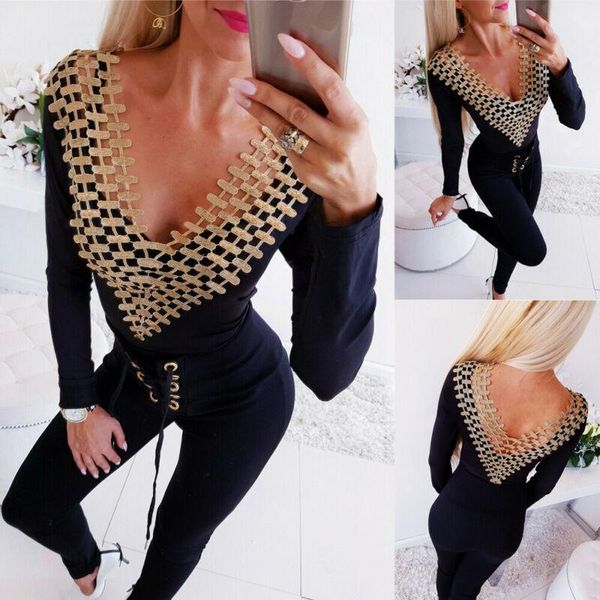 

women's jumpsuits & rompers women long sleeve black romper fashion v neck splicing jumpsuit bodysuit leotard autumn ladies clothes, Black;white