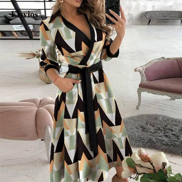 

vintage print women long sleeve party dress spring summer v neck pocket elegant lace-up belted office lady casual dresses, Black;gray