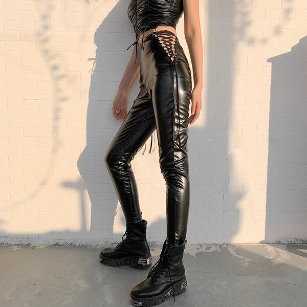 

faux pu leather casual pencil pants capris women high waist bandage lace up skinny long trousers ladies sweatpants streetwear women's &, Black;white