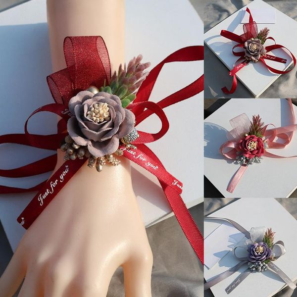 

charm bracelets wrist corsage bridesmaid bride hand flowers artificial for wedding dancing party decor bridal prom accessories, Golden;silver