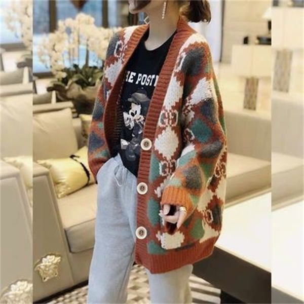 

sweaters autumn winter retro lazy wind loose and thin mid-length contrast color plaid sweater jacket women, White;black