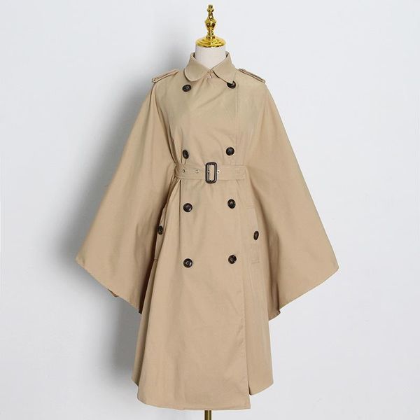 

women's trench coats [ewq] khaki windbreaker for female lapel collar big cuff high waist loose oversized sashes 2021 fashion, Tan;black
