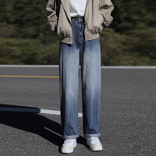

women's jeans hong kong style high waist autumn personalized gradient blue pear shape straight tube wide leg pants