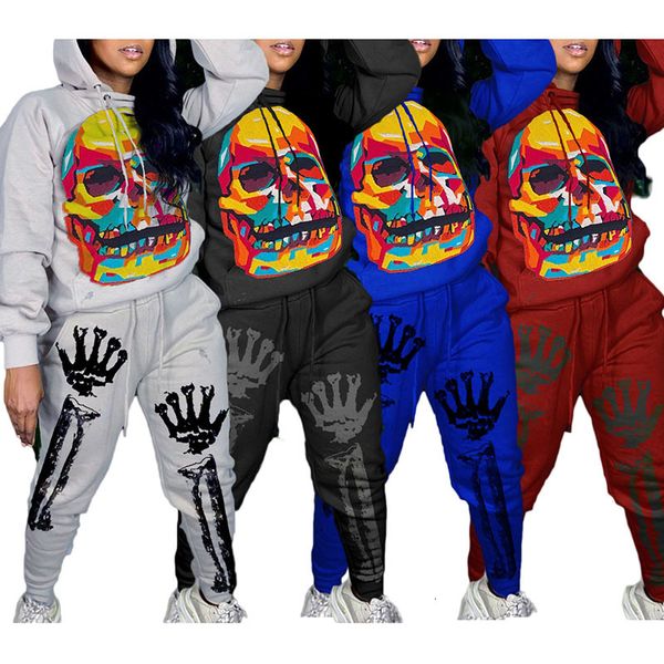 

halloween skeleton print drawstring hoodie and lace up sweatpants women two piece outfits autumn thicken casual tracksuits lcn, Gray