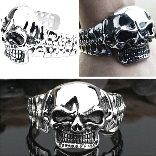 

bangle mens stainless steel oversized skull bracelet retro punk jewelry gift, Black