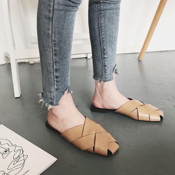 

closed toe outside fashion leisure concise slides women low flat with sewing solid slippers slip-on summer ladies shoes, Black