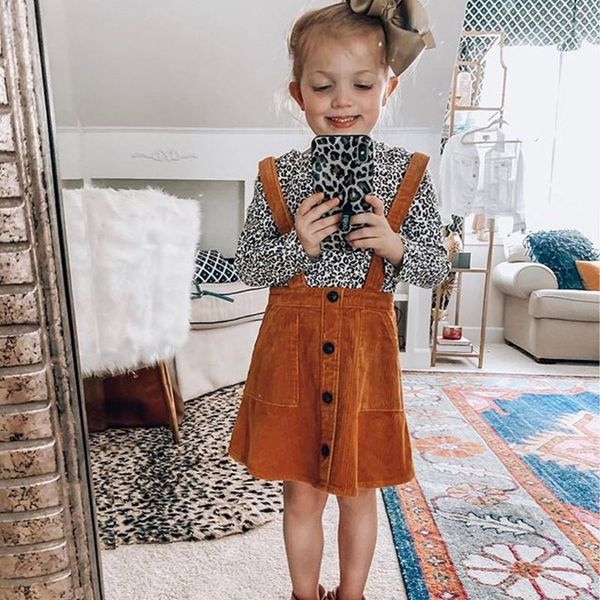 

40# childrens boutique clothing baby girls leopard print long sleeve high neck t-shirt solid color strap skirt suit outfits sets, White