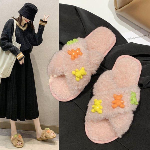 

cross cartoon plush slippers, fashion bear decoration, non-slip soft bottom, flat bottom warm women's cotton slippers, Black