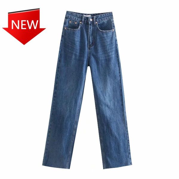 

women's jeans european and american 2021 spring high waist straight-leg frayed hem for women, Blue