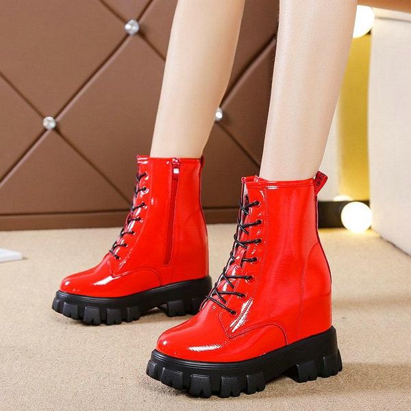 

boots women leather autumn wedges platform shoes female footwear ankle short a61-63 hf, Black