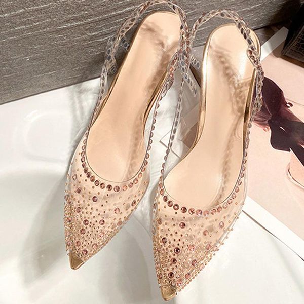 

dress shoes 2021 women pumps thin high heels crystal stiletto ladies peep toe transparent slip on woman's sandals slingback wedding, Black