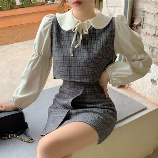 

spring autumn vintage 3 piece set women long sleeve shirt crop + bodycon skirt sets female suits ensemble femme um7z, Black;gray