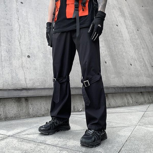 

men hip hop ribbons pants streetwear harajuku 2021 sweatpants solid drawstring overalls men's, Black