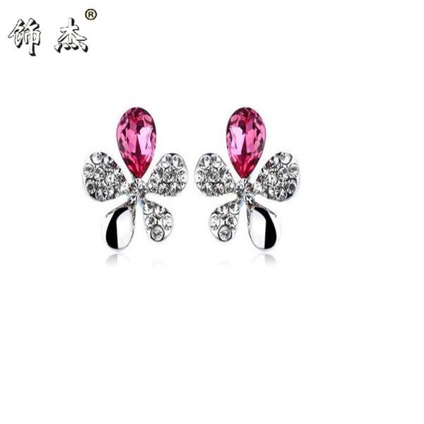 

korean jewelry charming five leaf grass multicolor petal crystal earrings, Black