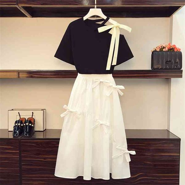 

sweet bowknot appliques tshirt with skirt two piece student sets women summer black tees white long suits 210602