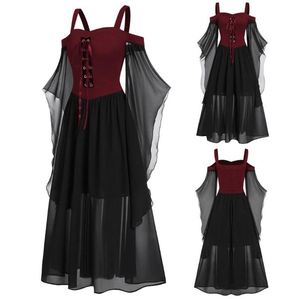 

casual dresses butterfly sleeve lace up party dress women cold shoulder halloween mesh flowy long harajuku patchwork maxi 40#, Black;gray