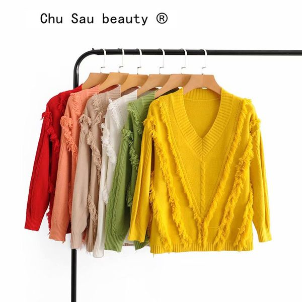 

beauty tassel sweater women loose plus size solid color v-neck knitted bottoming pullover woman 210514, White