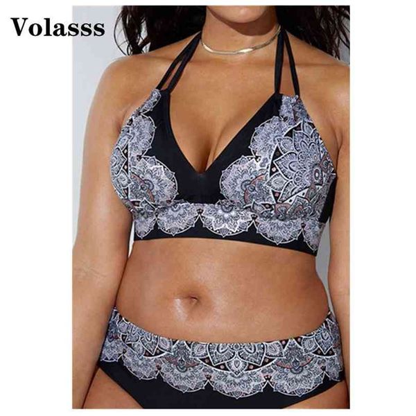 Costumi da bagno a vita alta a due pezzi Plus Size Costume da bagno stampato grasso largo da donna Costume da bagno bikini da spiaggia posteriore Chalaza 210611