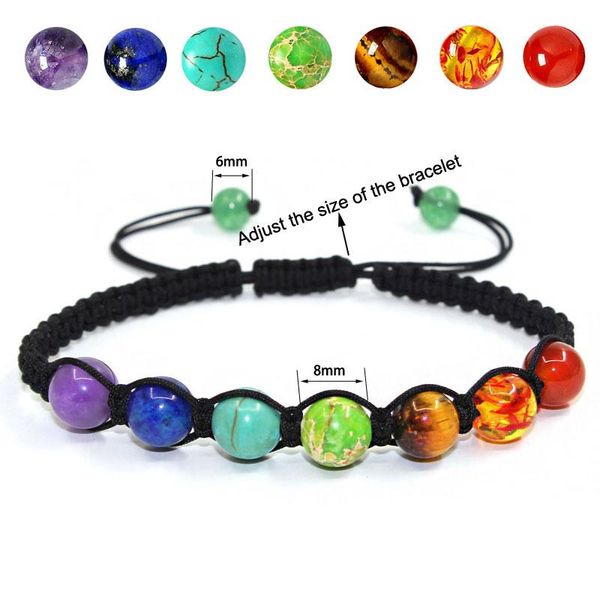 

beaded, strands 6mm 8mm beads 7 chakra bracelets braided adjustable rope yoga balance lava reiki stones bracelet women jewelry gift, Black