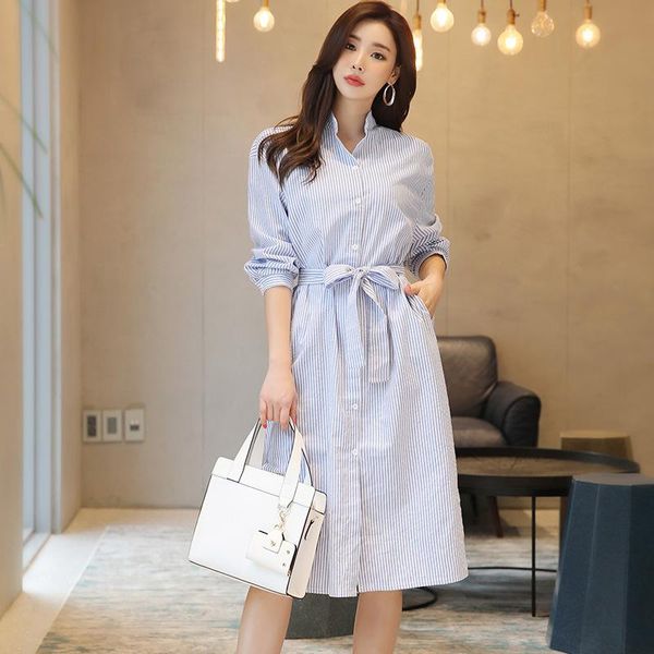 

casual dresses 2021 autumn european style cotton striped blouse dress women turn-down collar female blue vestido clothes, Black;gray