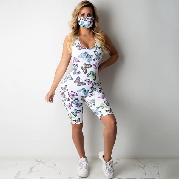 

summer butterfly print backless sporty jumpsuits ruched workout active wear sleeveless 2021 rompers womens jumpsuit women's &, Black;white
