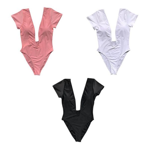 

one-piece suits womens one piece bikini short sleeves plunging deep v-neck low cut back monokini bodysuit plain solid color slimming hi