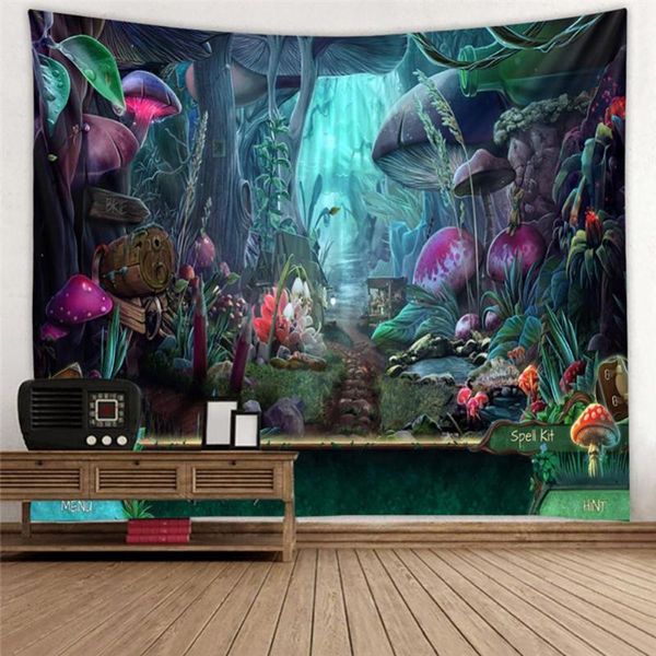 

tapestries fluorescent mushroom castle wall hanging tapestry nature art starry sky galaxy carpet magical forest tree