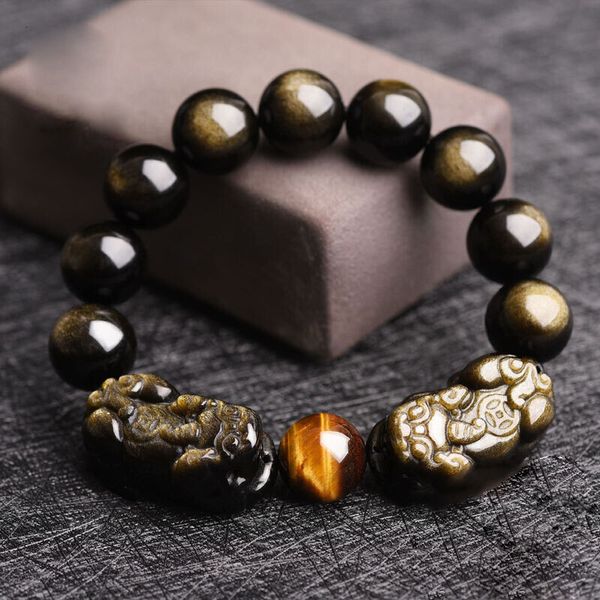 

bracelet natural mexican eyes gold obsidian men's and women's leather crystal, Golden;silver
