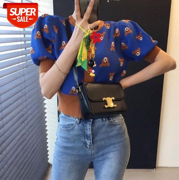

ins printed round neck single-breasted puff sleeve knitted sweater #dx3i, Black;gray