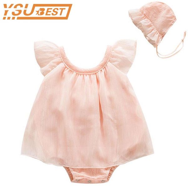 Lovely Baby Girs Summer Pagliaccetto Infant Girl Solid Pagliaccetti Tute intere Tuta + Cappello 2 pezzi Abiti da principessa 210429