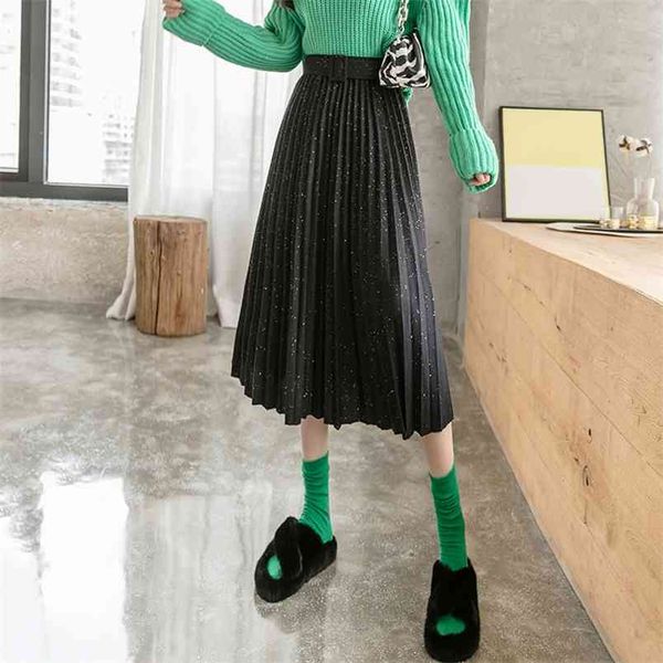 

autumn korean women high waist solid elastic knitted skirt with belt mid-length pleated 210527, Black