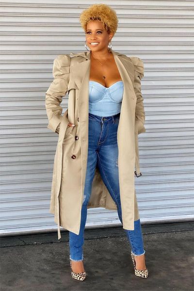

women's trench coats chocomist outwear fashion solid lantern sleeve women, Tan;black