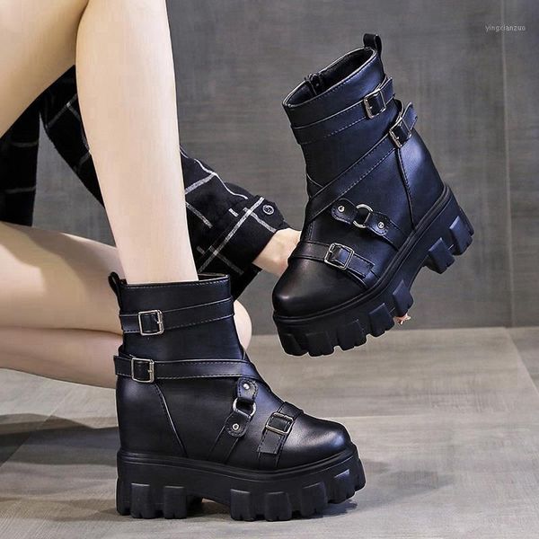 

boots women winter black leather platform multiple strap ankle motorcycle thick heel boot booties shoe1