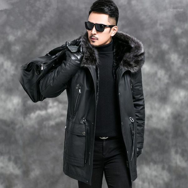 

men's leather & faux 2021 genuine cow jacket men warm winter parka real fur coat raccon collar mink liner jackets 4545, Black